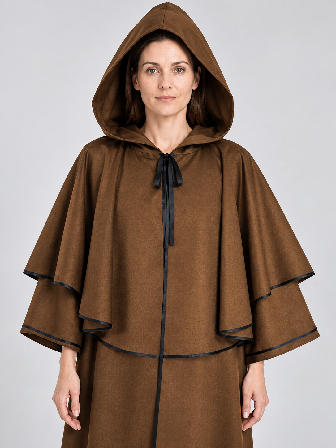 Long Brown Cloak with Hood and Layered Cape