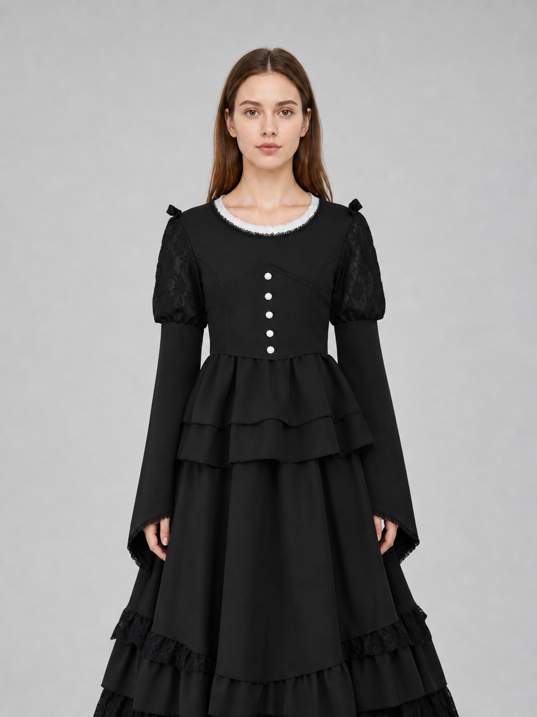 Gothic Dress with a High Collar and Ruffles