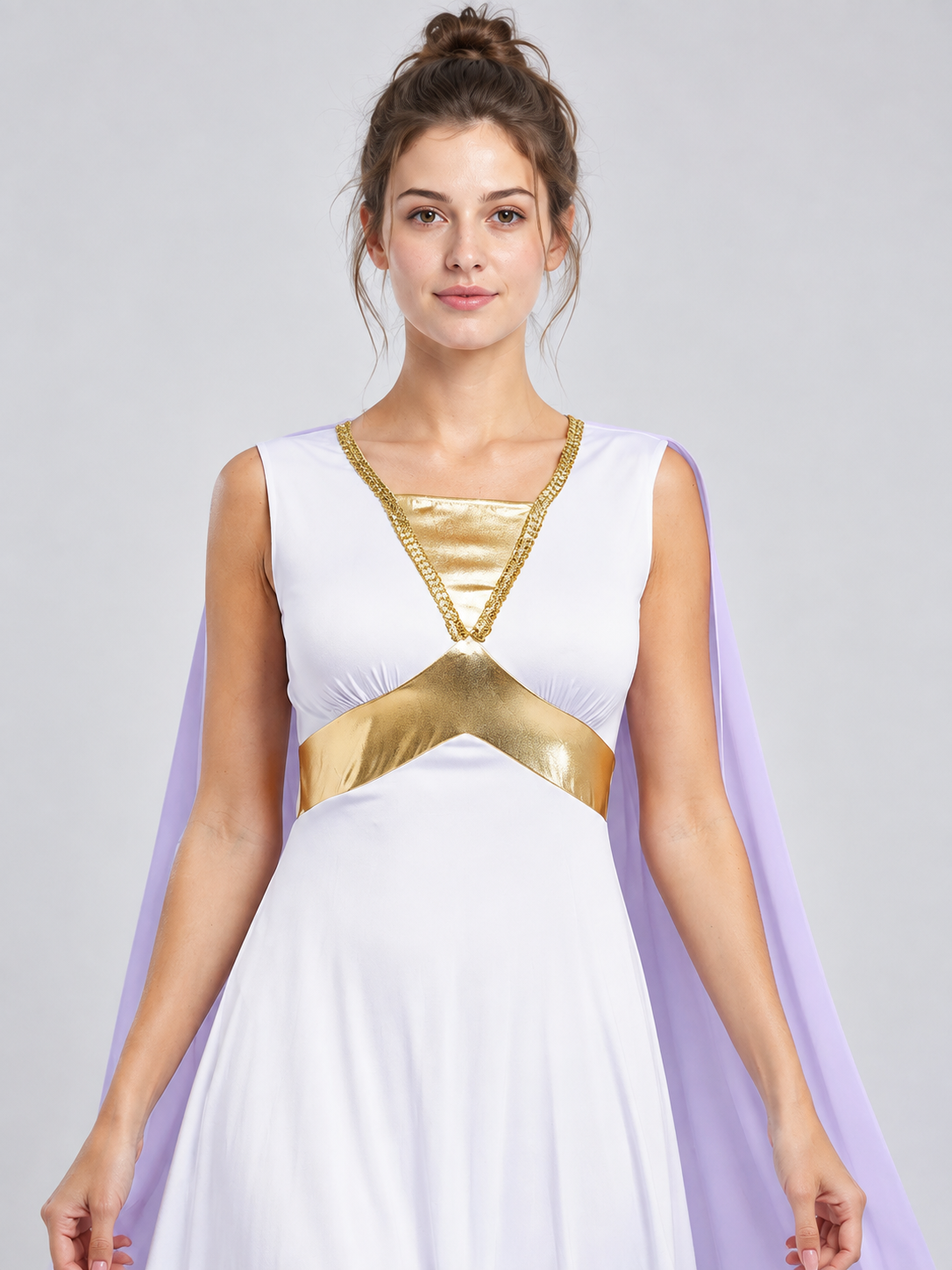 White dress with asymmetrical hem and gold trim