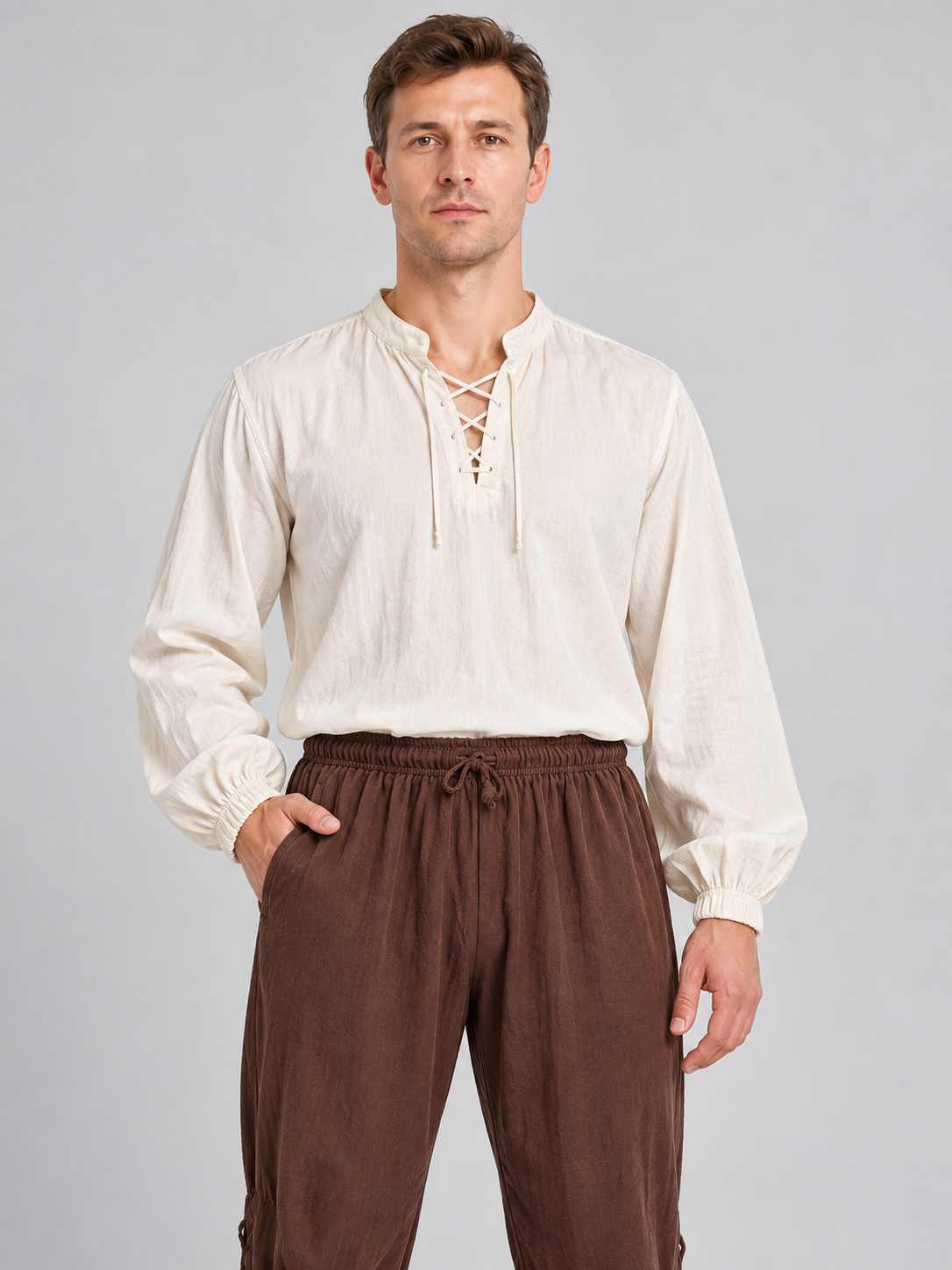 Brown Loose-Fit Pants with Drawstrings and Lacing