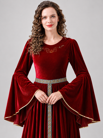 Long Medieval Dress with Embroidery and Flared Sleeves