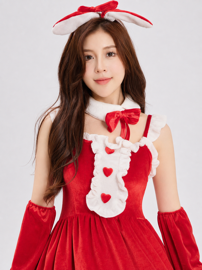 Christmas-Themed Dress with Bow and Ruffles