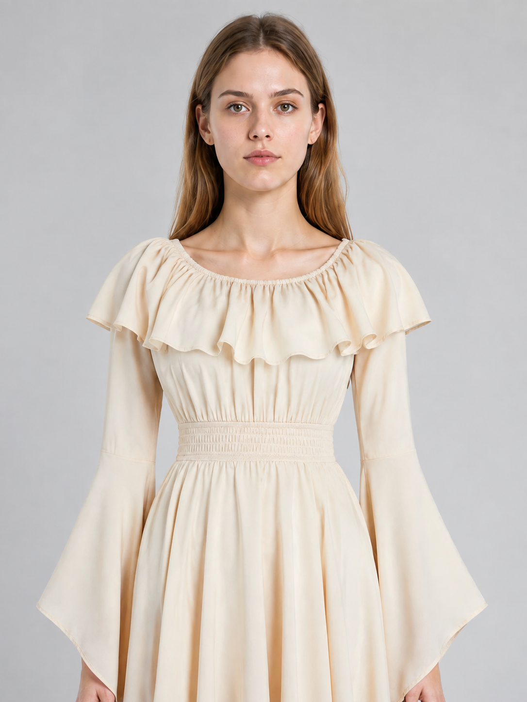 Long Cream A-Line Dress with Tiered Ruffles Costume Dresses detail 2