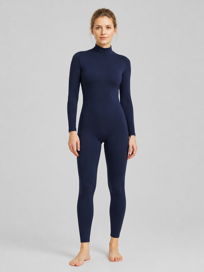 Dark Blue Close-Fitting Zentai Jumpsuit with a High Collar