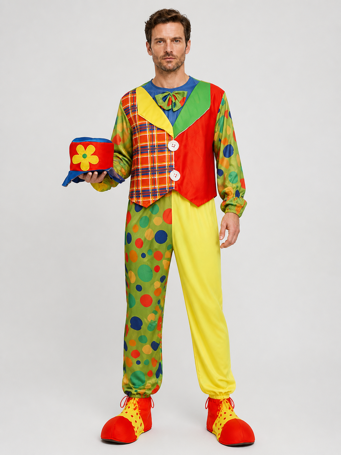 Clown Costume for the Stage, Jumpsuit with Vest and Hat Costume Headwear detail 3