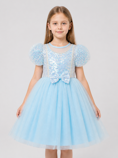 Party Dress with Sequins, a Full Skirt, and a Bow