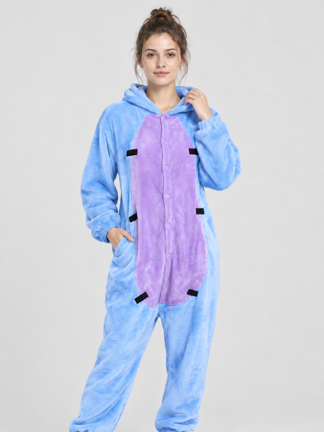 Blue Cartoon-Style Hooded Pajama Jumpsuit