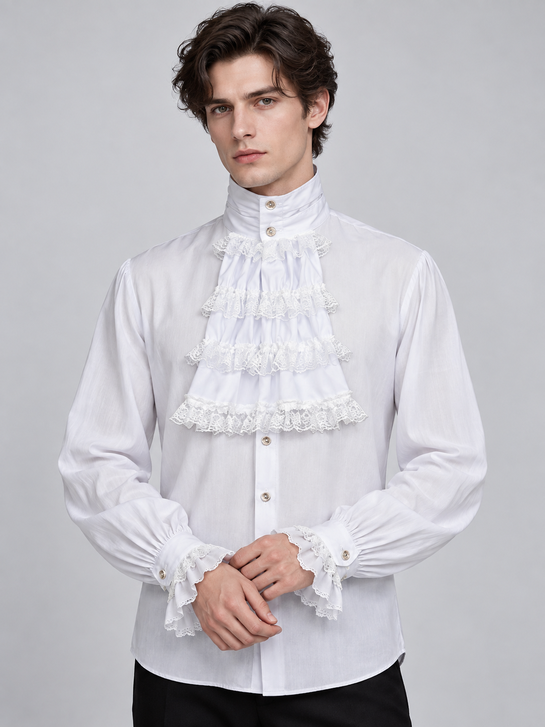 White shirt with a jabot, ruffles and a high collar