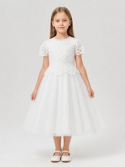Elegant Girls' Lace Dress, White, Full Skirt Costume Dresses detail 3
