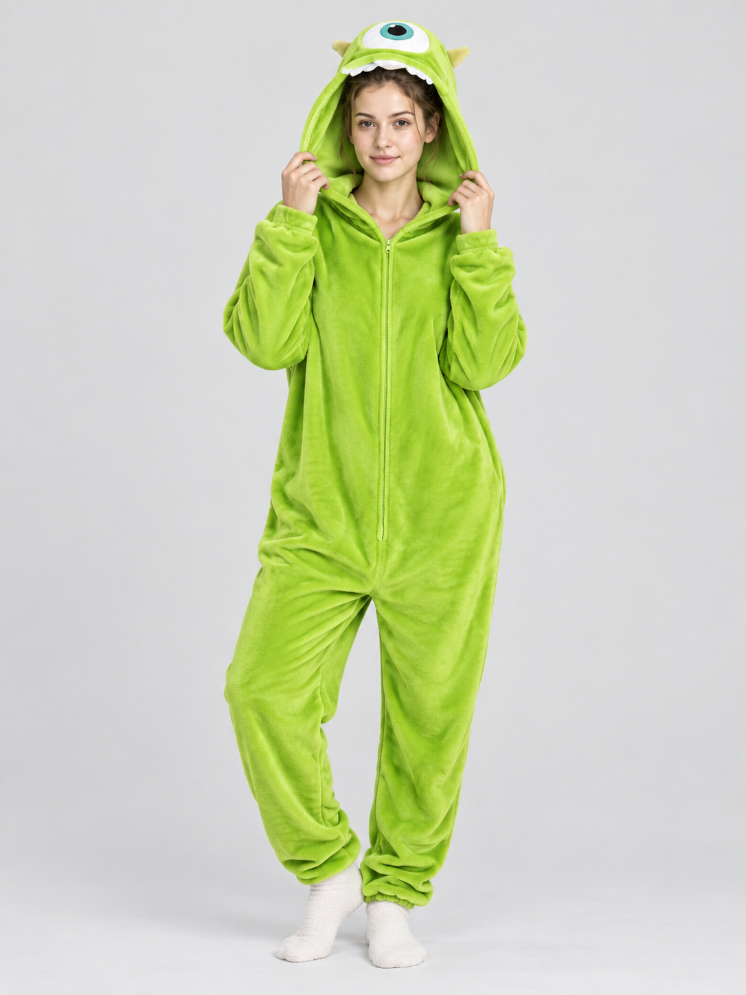 Green Plush Hooded Zip Pajama Jumpsuit