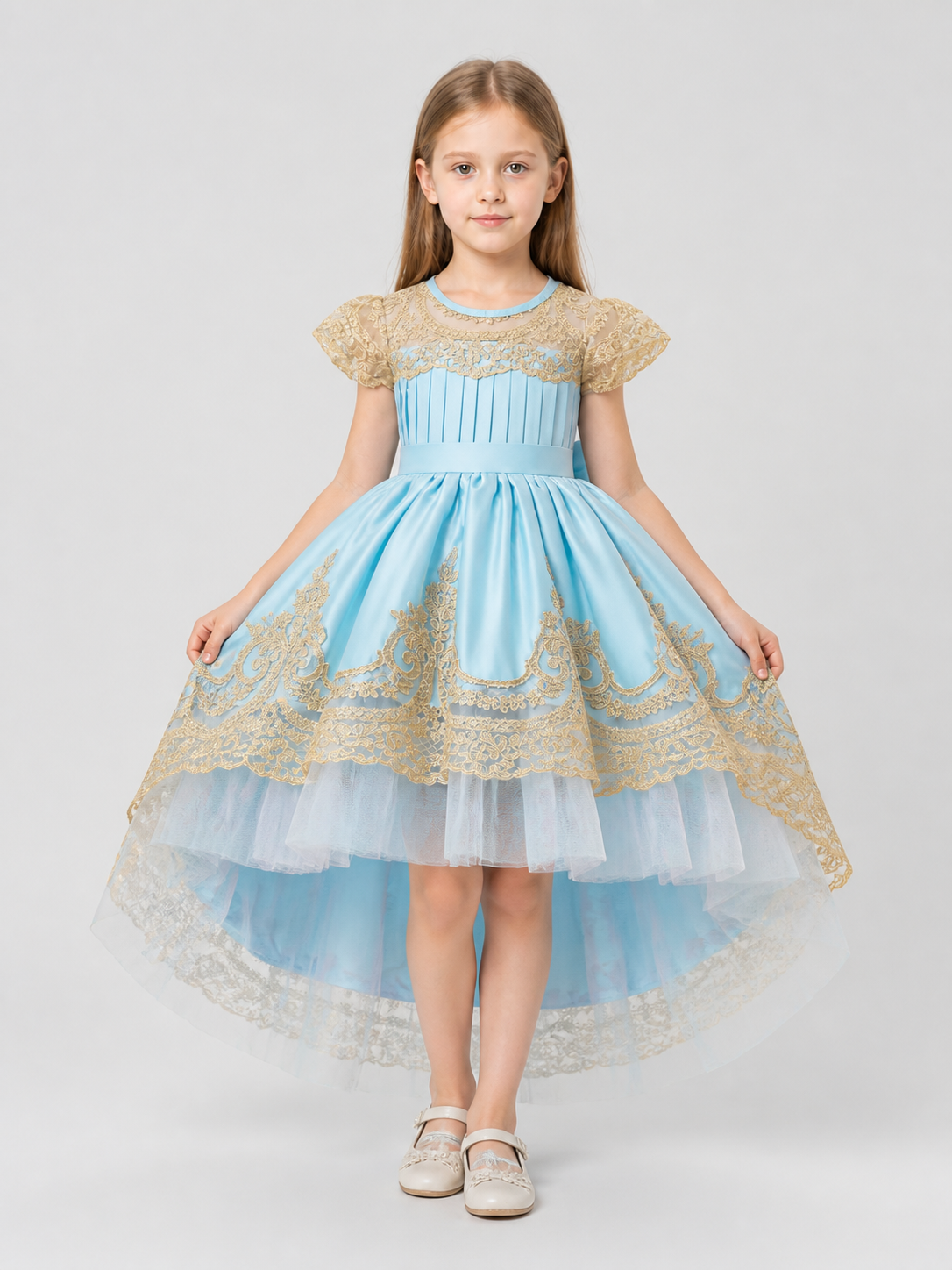 Blue Princess Dress with Gold Lace and Train Costume Dresses detail 3
