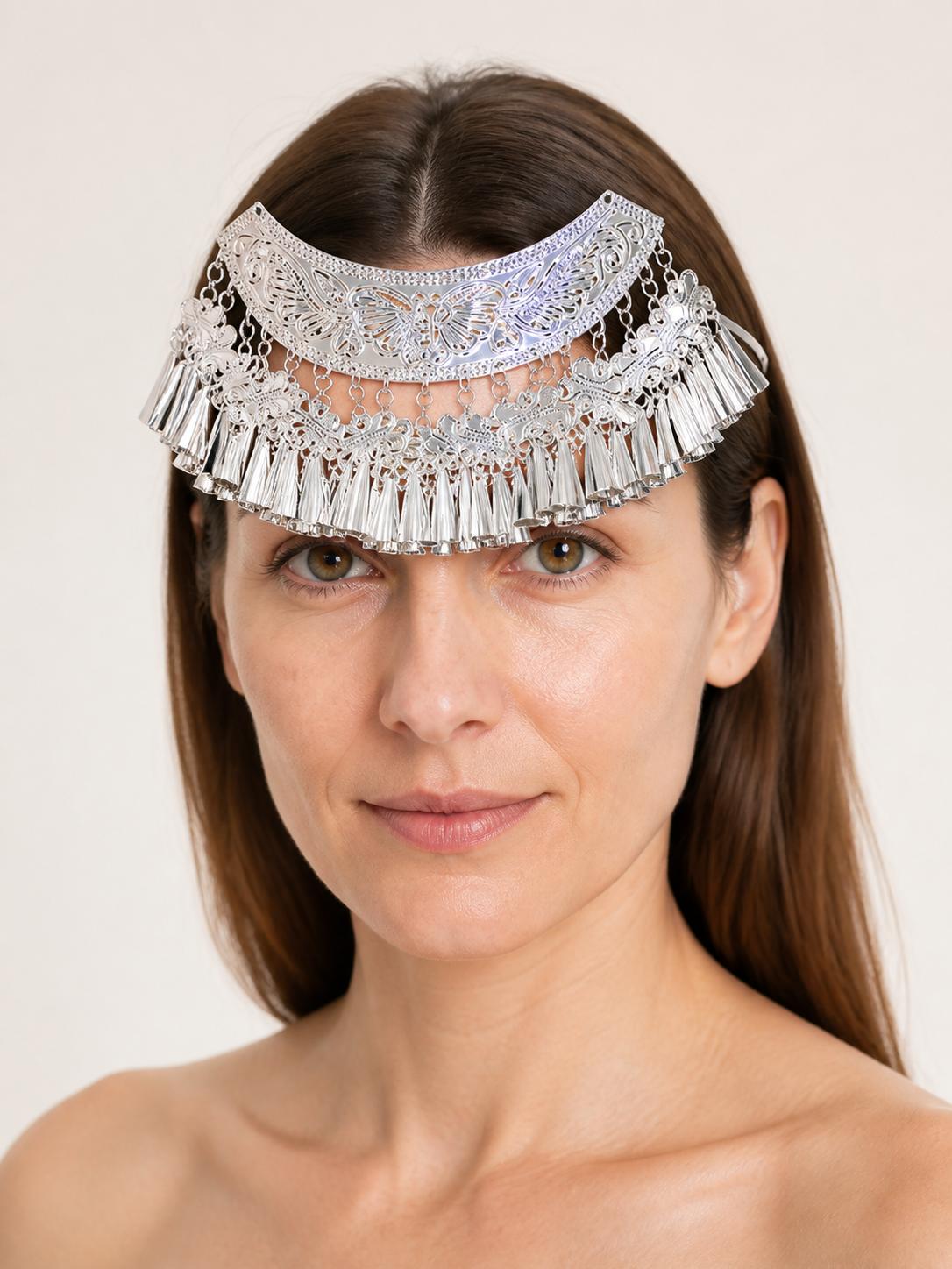 Carnival Headpiece, Silver Moon-Shaped with Dangling Charms Costume Headwear detail 2
