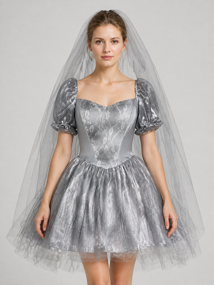 Retro Halloween Ghost Bride Dress with Veil Costume Dresses detail 3