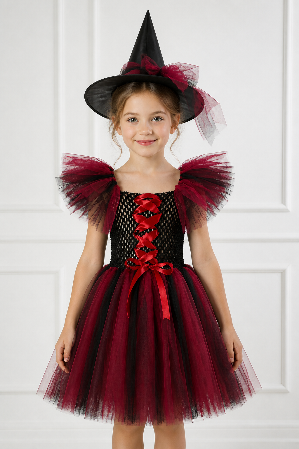 Black and Red Witch Costume with Full Skirt and Hat Costume Headwear detail 3