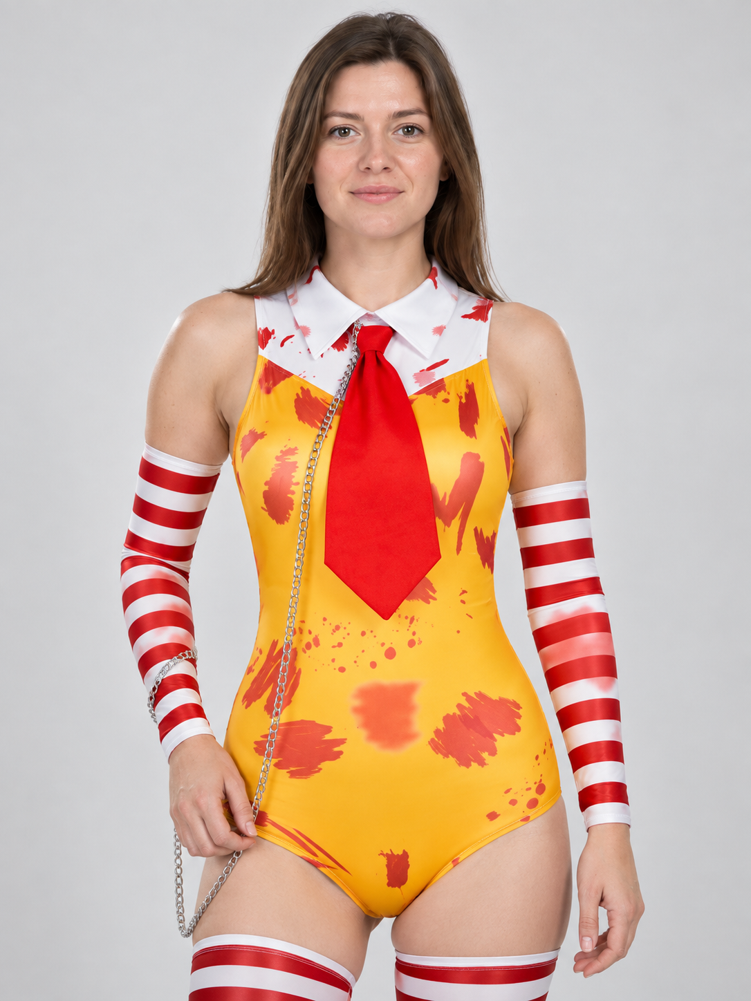 Clown Costume: Yellow Bodysuit, Collar, Tie, Arm Sleeves