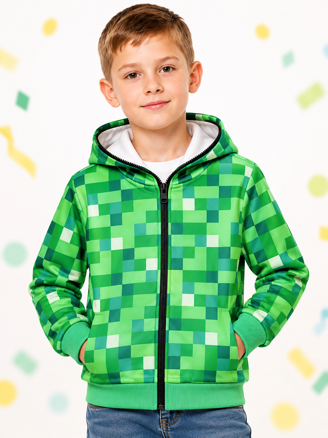 Kids' green zip-up hoodie, polyester