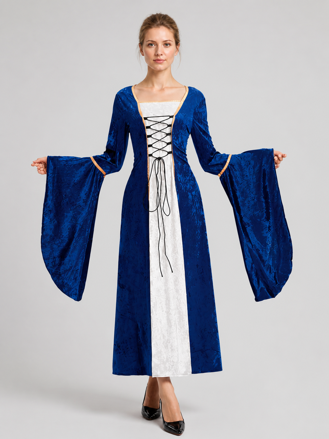 Retro-Style Dress with Flared Sleeves and Lace-Up Detail Costume Dresses detail 3
