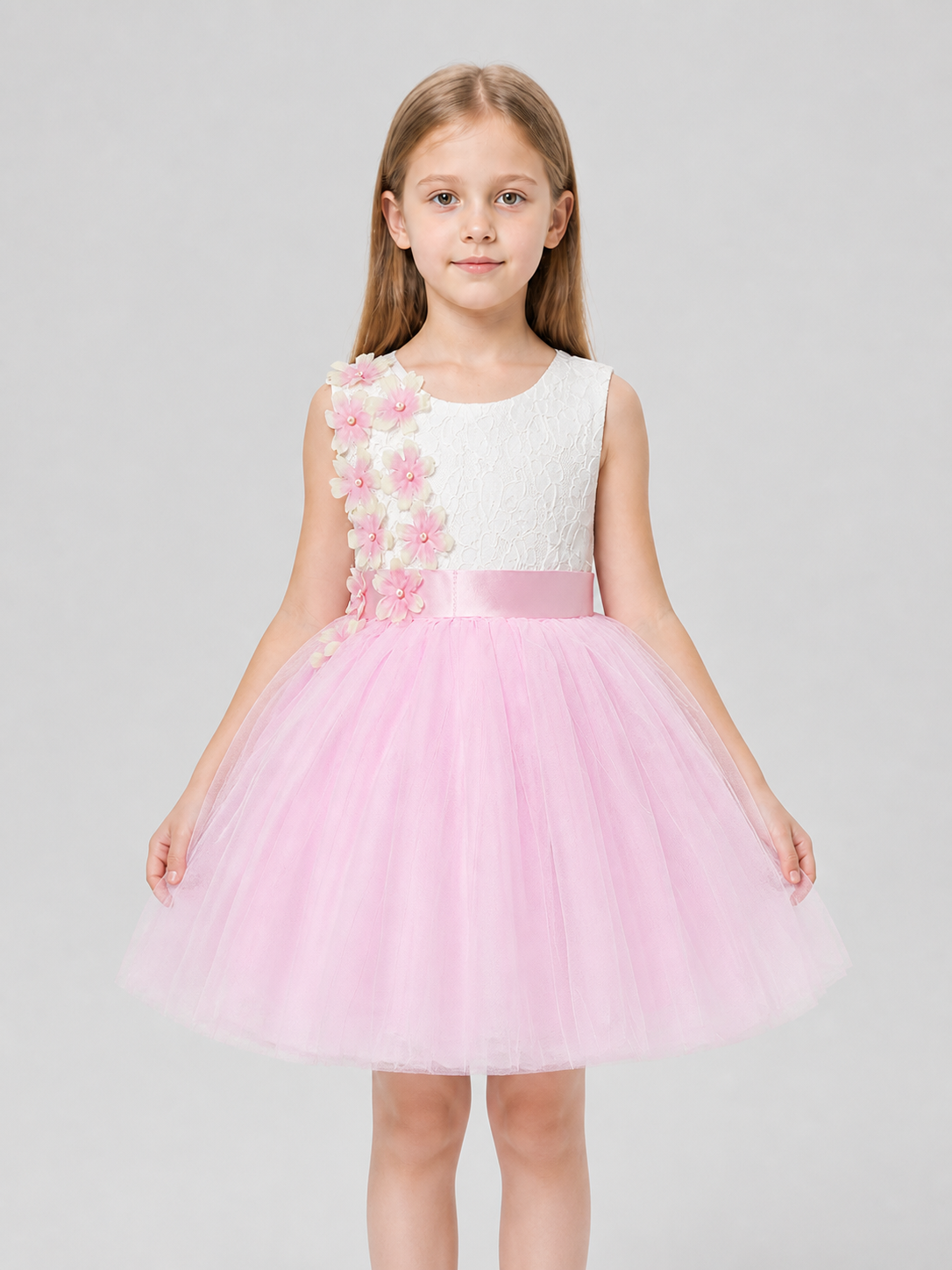 White and Pink Princess Dress with Lace and Full Skirt