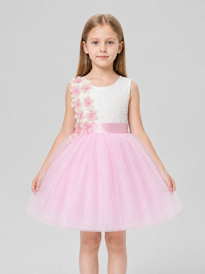 White and Pink Princess Dress with Lace and Full Skirt