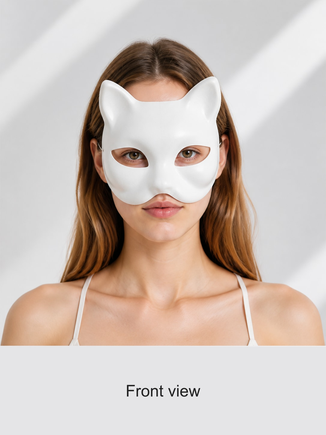 Front view of a woman wearing the white cat half mask