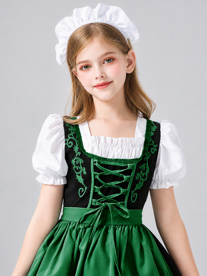 Kids' Dirndl-Style Costume in Green with Apron and Socks