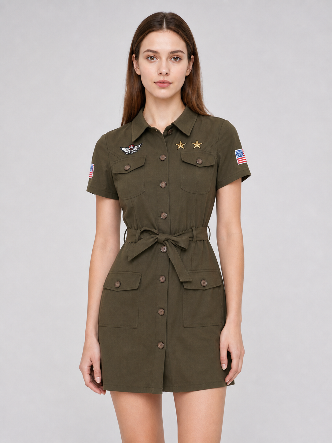 Military-style costume dress with belt and gloves