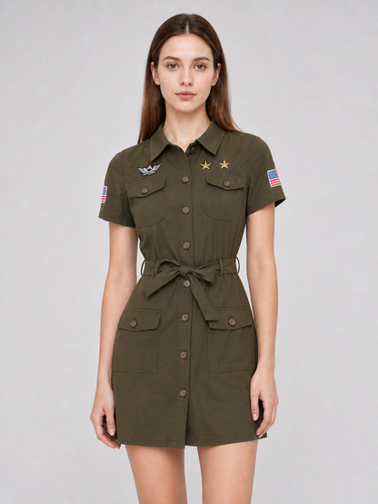 Military-style costume dress with belt and gloves