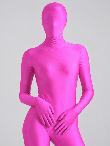 Pink form-fitting bodysuit with hood