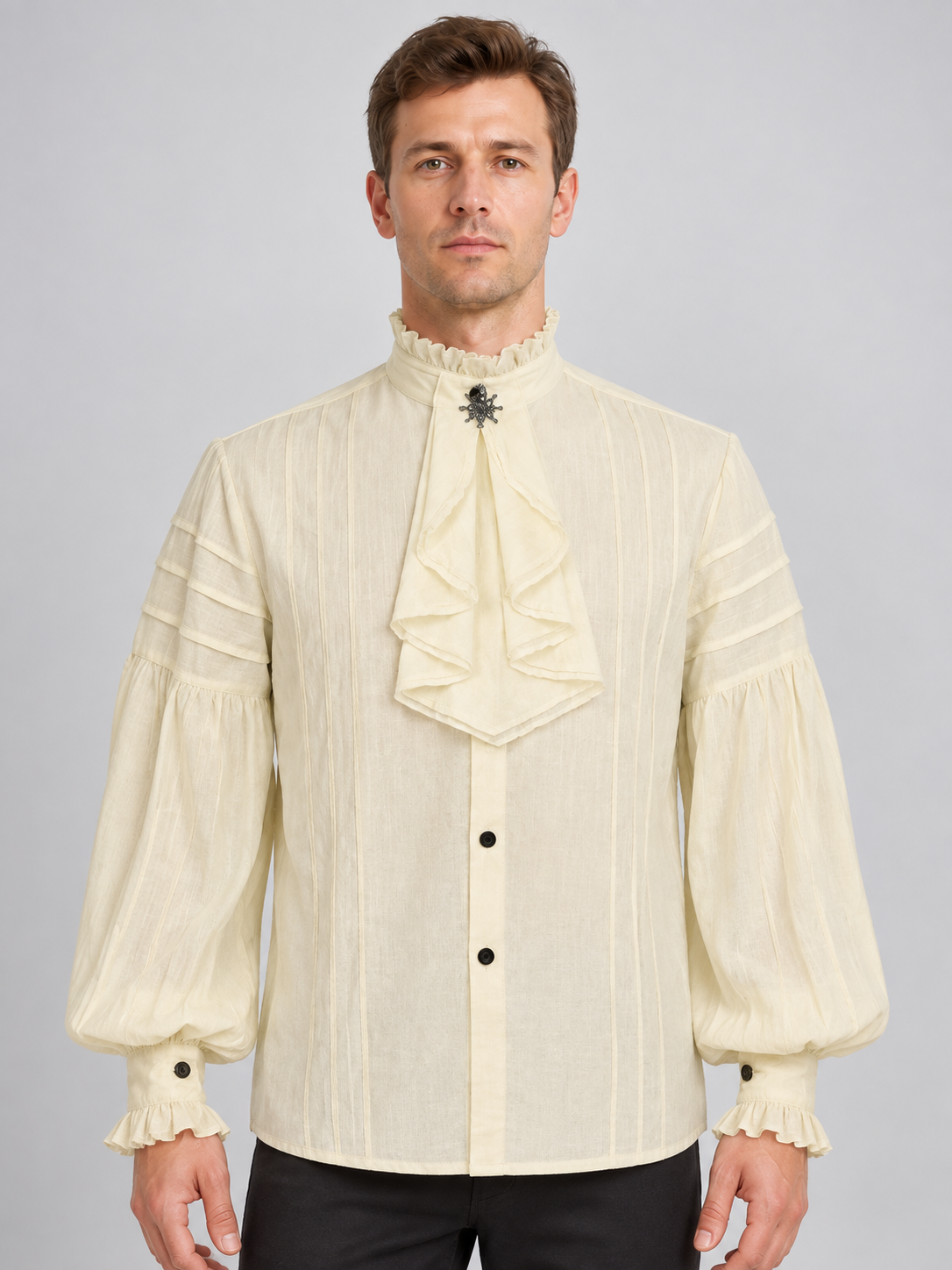 Beige Striped Button-Down Shirt with Jabot and Ruffles