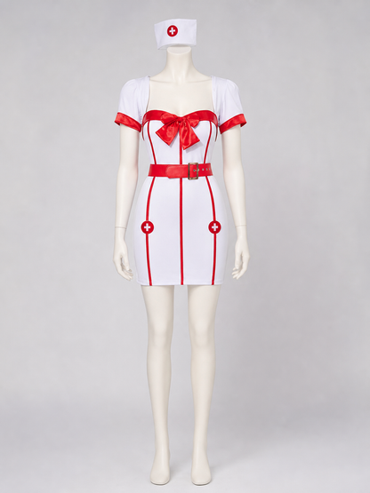 White-and-Red Nurse Costume with Bow and Belt