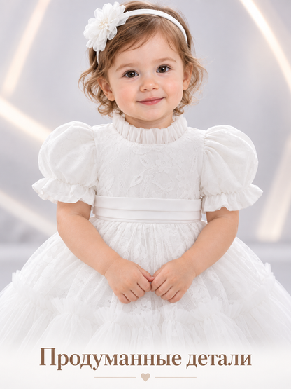 Girls' Dressy White Dress with Lace and Bow