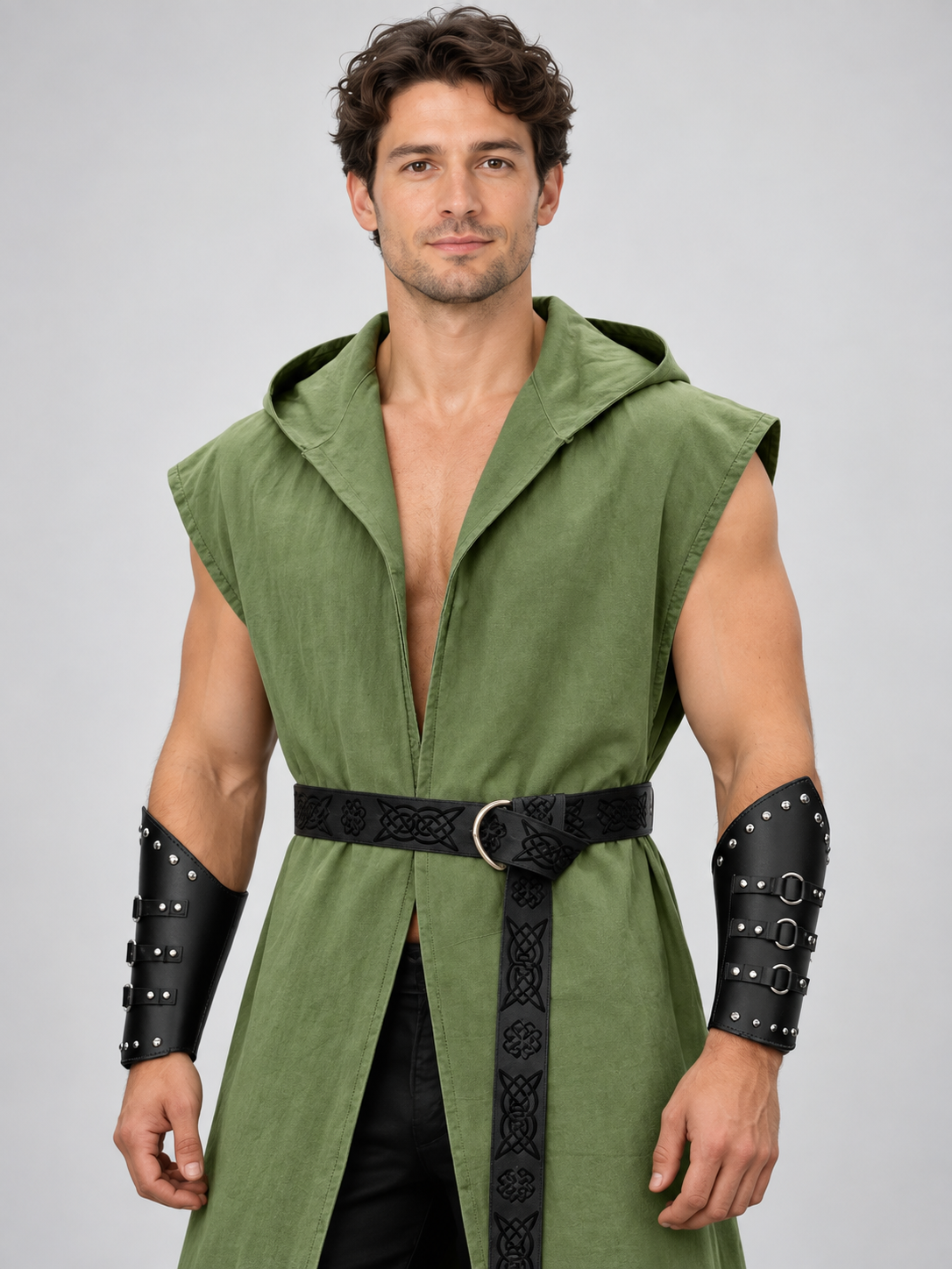 Olive Green Sleeveless Hooded Tunic with Zipper