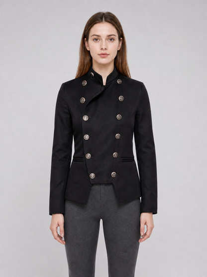 Black jacket with an asymmetrical double-breasted placket