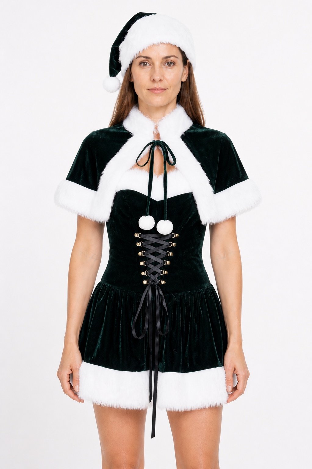 New Year's Dress with White Fur and Pom-Poms