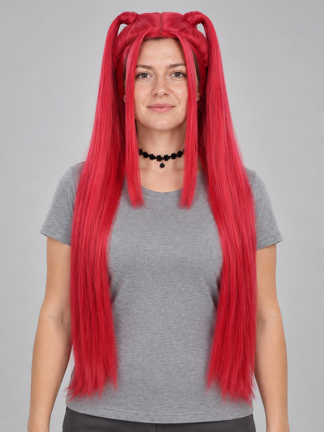 Bright Red Long Cosplay Wig with Bangs and Buns