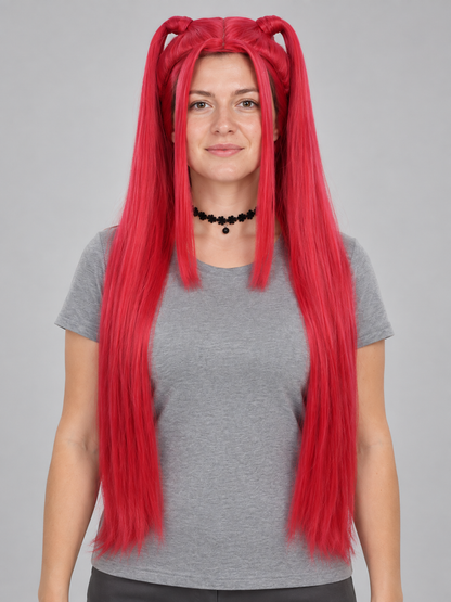 Bright Red Long Cosplay Wig with Bangs and Buns