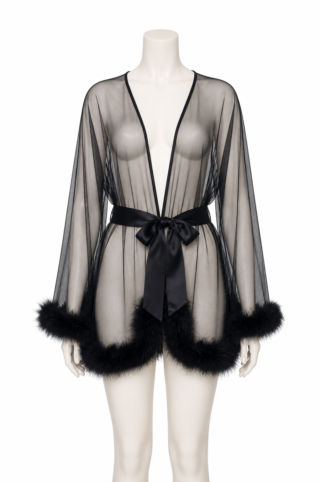Black Sheer Robe with Belt and Long Sleeves product detail 2