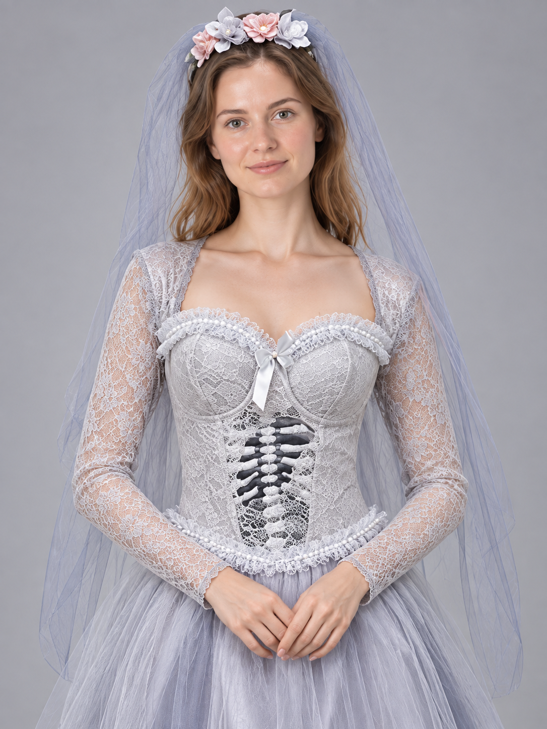 Carnival costume with dress, wreath, and veil, light gray