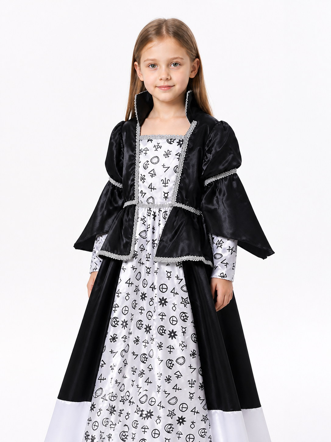 Black-and-White Witch Costume with Dress and Cape upper body view
