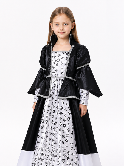 Black-and-White Witch Costume with Dress and Cape upper body view