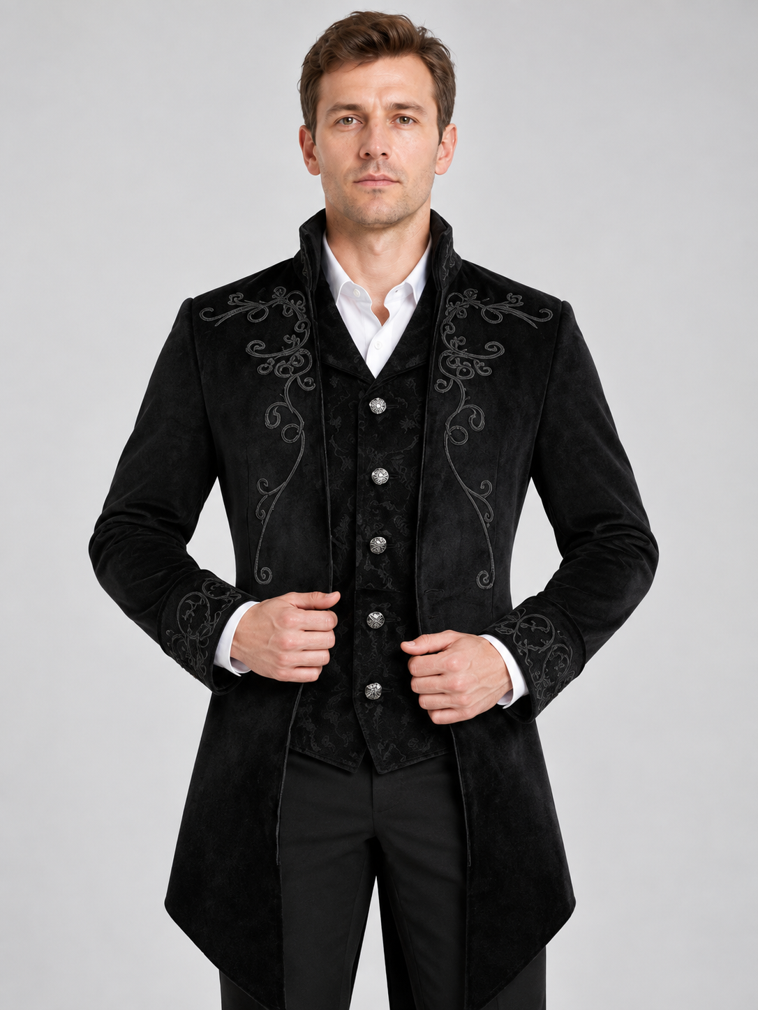 Long Black Tailcoat with High Collar and Embroidery
