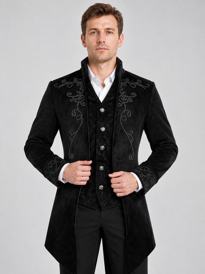 Long Black Tailcoat with High Collar and Embroidery
