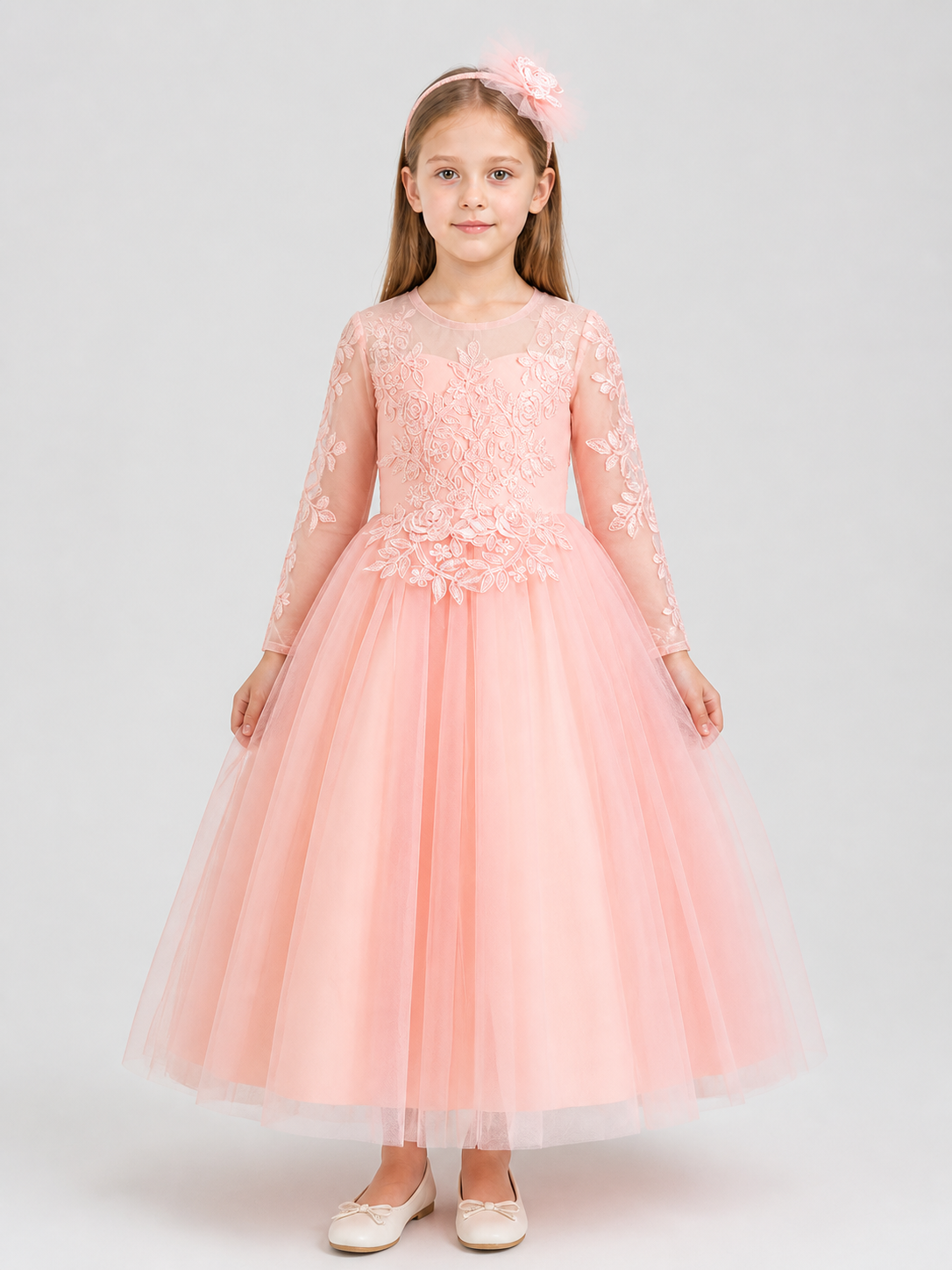 Puffy Pink Princess Dress with Floral Decor Costume Dresses detail 3