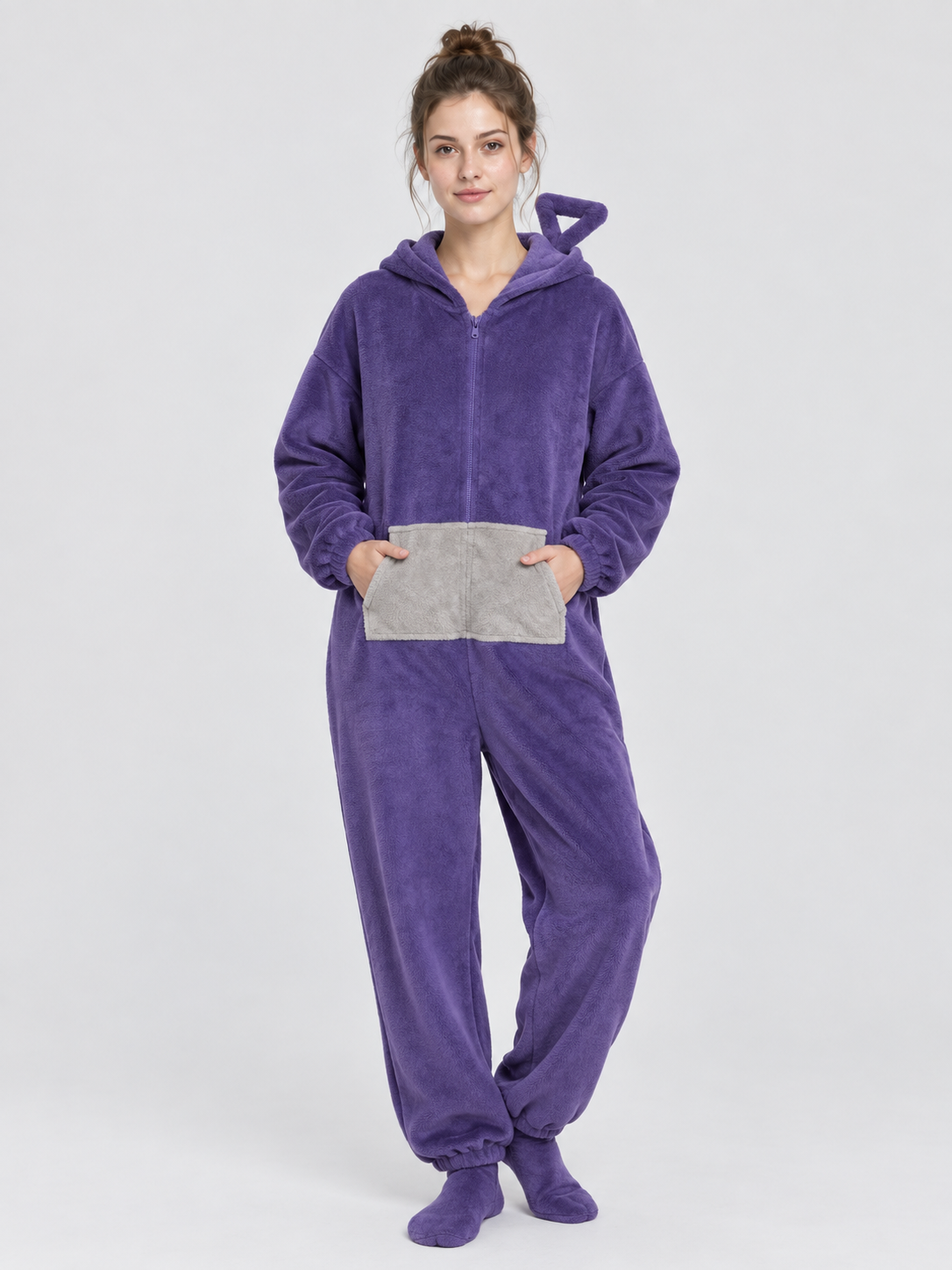 Purple Plush Hooded Jumpsuit Pajama with Zipper