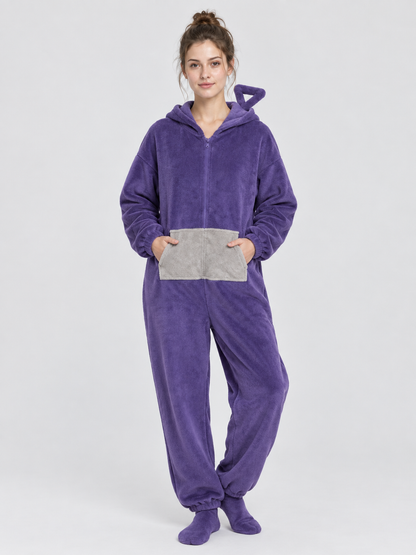 Purple Plush Hooded Jumpsuit Pajama with Zipper