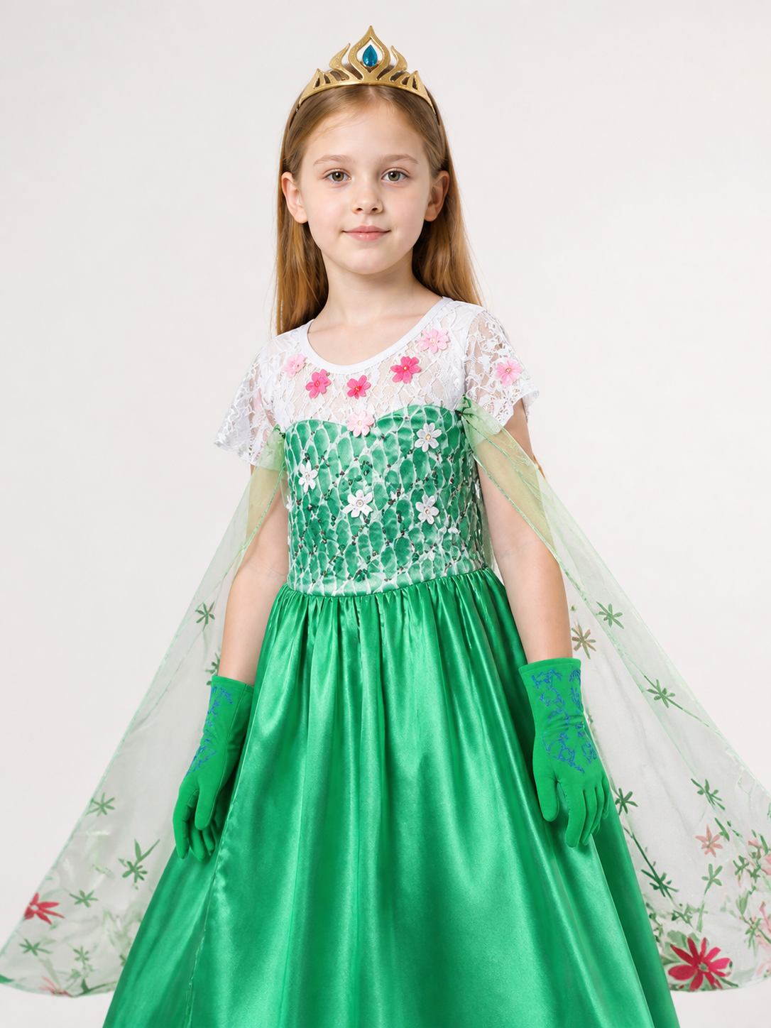 Carnival Costume with Green Dress, Crown, and Gloves