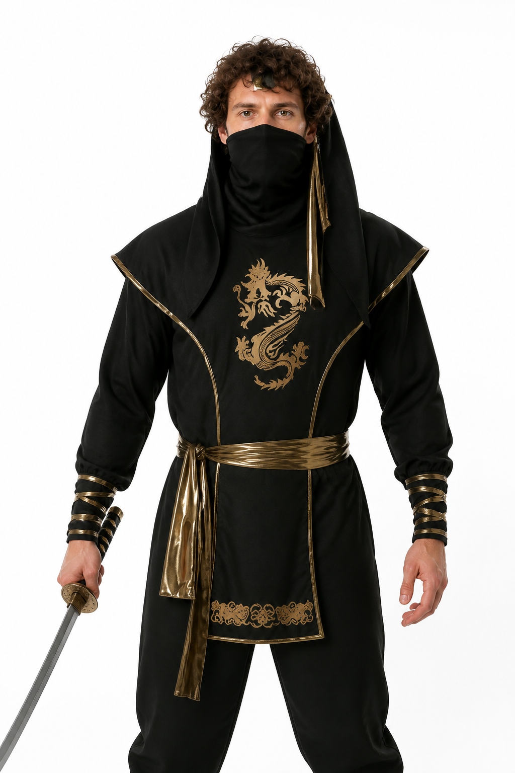 Black Ninja Costume with a Golden Dragon and Hood Costumes detail 3