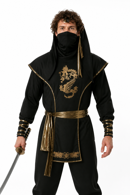 Black Ninja Costume with a Golden Dragon and Hood Costumes detail 3