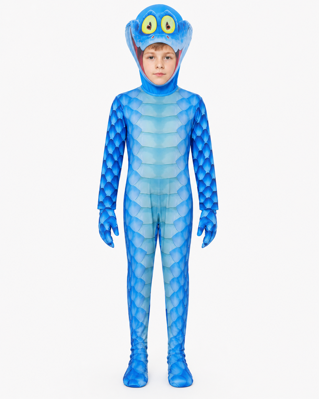 Blue Monster Jumpsuit with Scales, Headpiece, and Gloves Costume Headwear detail 3
