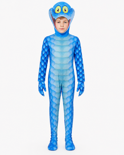 Blue Monster Jumpsuit with Scales, Headpiece, and Gloves Costume Headwear detail 3